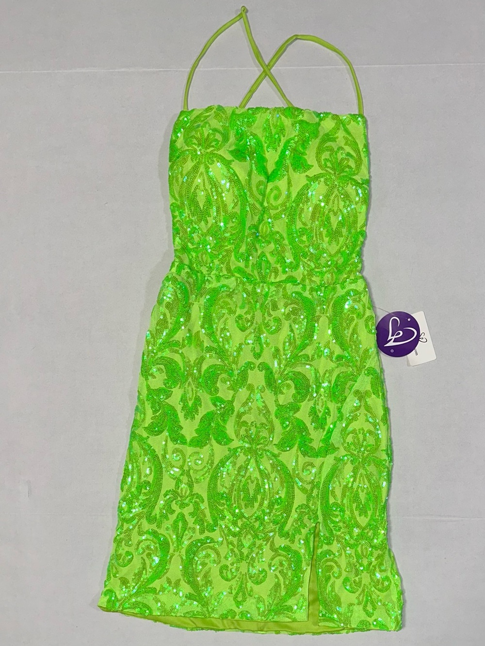 Windsor L Neon Lime Sequin Embellished Bodycon Dress Square Neck Strappy Back